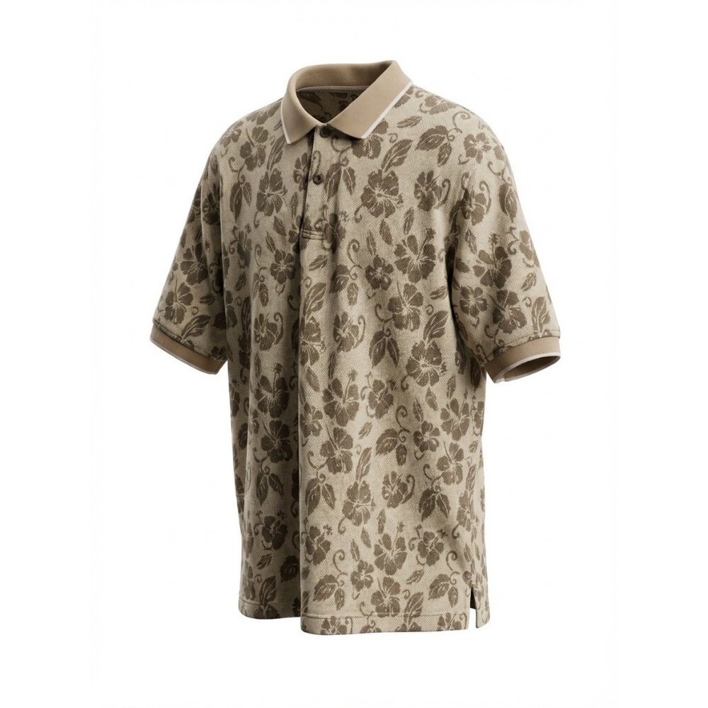 St. Johns Bay Floral Print Polo Shirt XL Beige & Brown Y2K Dadcore Retro Short S
